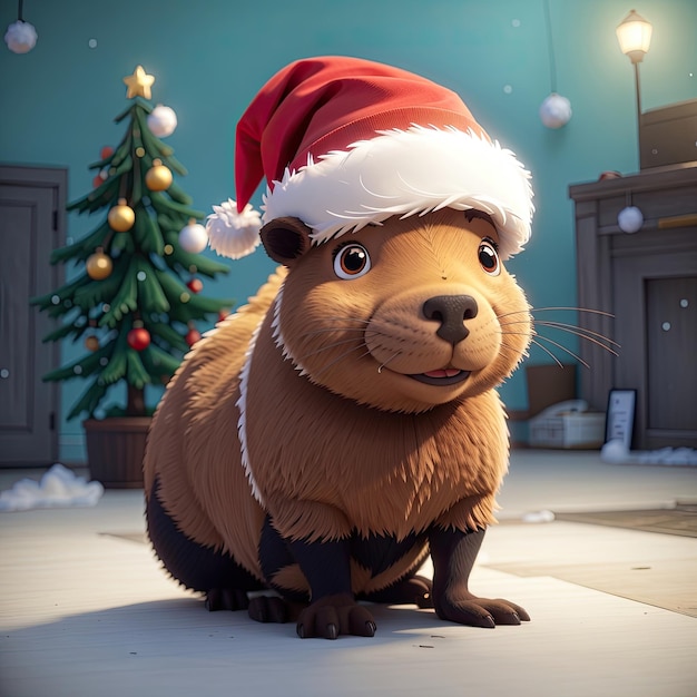 Foto capybara carino nel cappello di babbo natale d'illustrazione