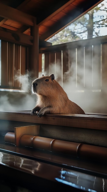 Cute capybara sits and relaxes in a Japanese Ofuro bathhouse in the clouds of steam