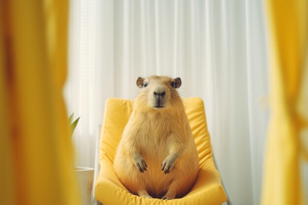 Photo cute capybara sitting on yellow armchair in room closeup