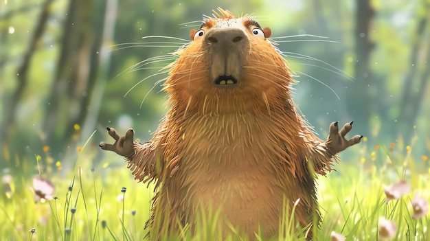 A cute capybara standing in a lush green field looking at the camera with its mouth open and paws in the air