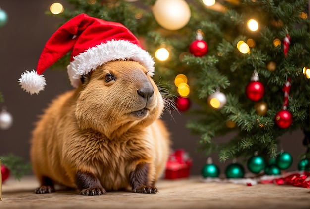 Premium AI Image | Cute capybara wearing santa hat