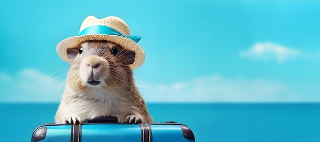 Cute capybara with hat ready for travel blue suitcase blue natural background