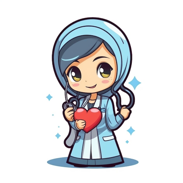 Foto medico hijab femminile cardiologo carino che tiene il carattere piatto delineato kawaii chibi del cuore