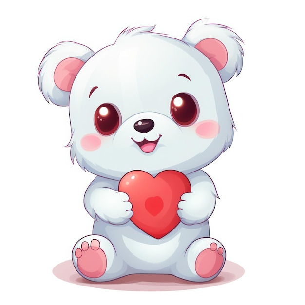 Photo cute carebear cartoon with happy time and red heart pillow on white background