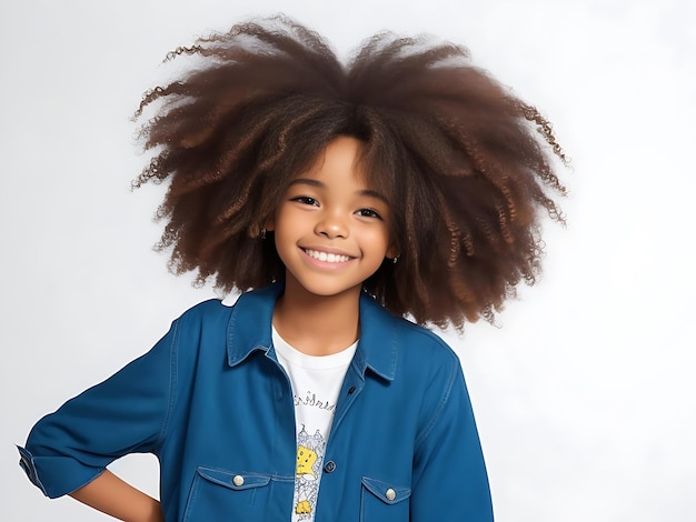 Cute carefree friendlylooking teenage girl with afro hairstyle smiling broadly with shy