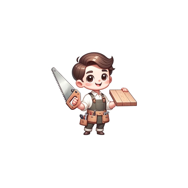 A cute Carpenter holding a saw and wood piece smiling and standing confidently
