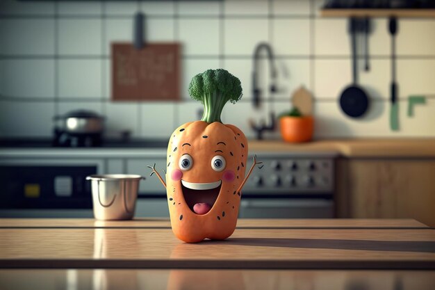 Cute carrot sweet smile at kitchen 3D render style AI Generated illustration