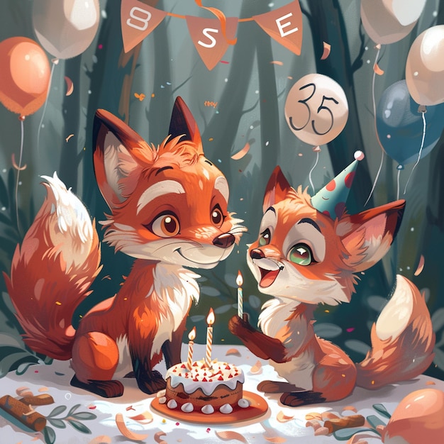 A cute carton fox and wolf celebration birthday