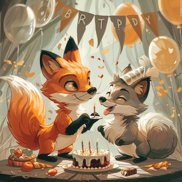 Милая картонная лиса и волк празднуют день рождения