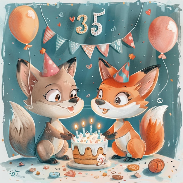 A cute carton fox and wolf celebration birthday