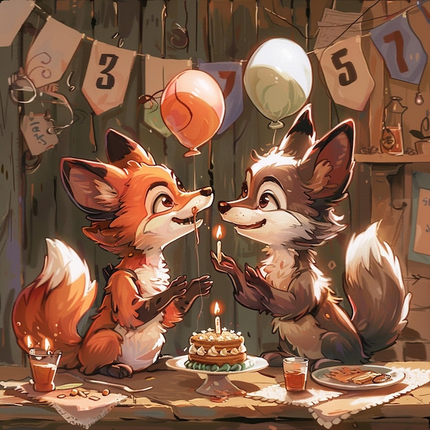 A cute carton fox and wolf celebration birthday