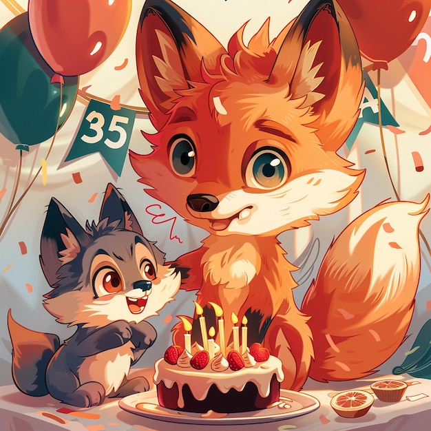 A cute carton fox and wolf celebration birthday