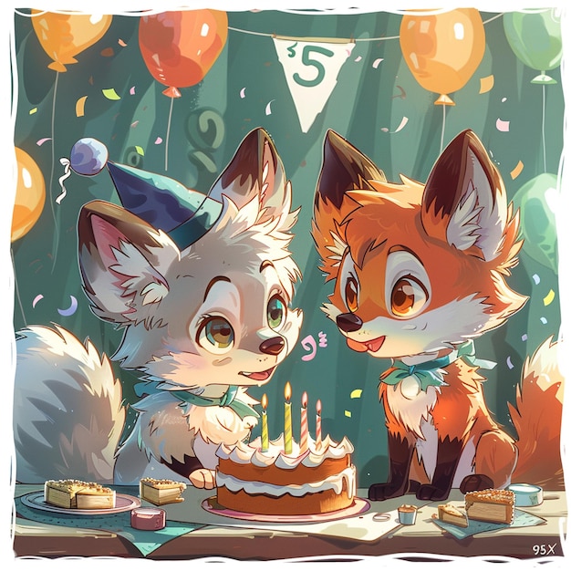 A cute carton fox and wolf celebration birthday