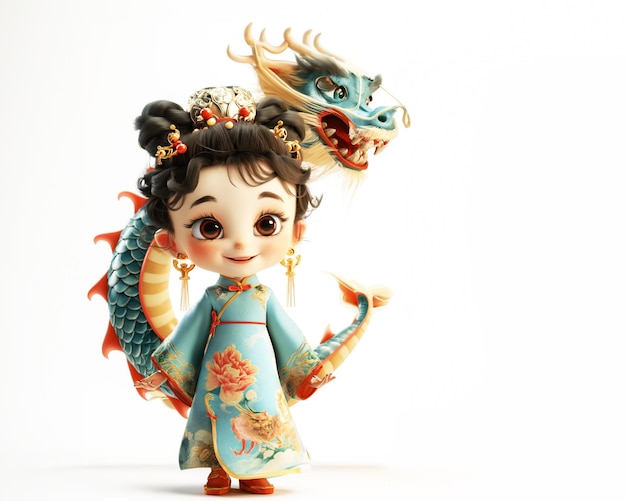 cute cartoon 3D baby chinese girl in pastel cheongsam together nearing Dragon Generative ai