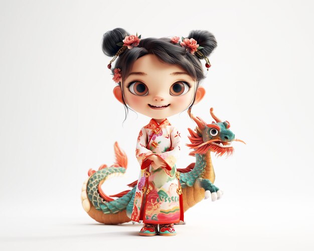 cute cartoon 3D baby chinese girl in pastel cheongsam together nearing Dragon Generative ai