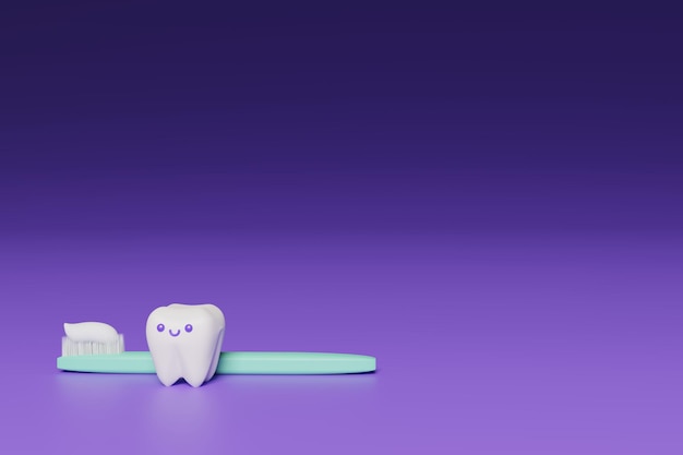 Cute cartoon 3D tooth and toothbrush render