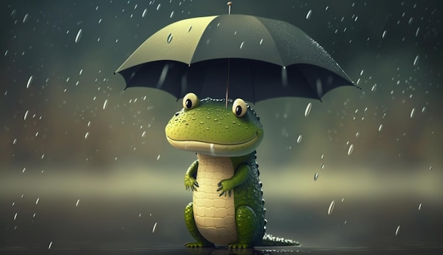 빗속에서 우산을 들고 있는 귀여운 만화 악어 캐릭터 Generative AI