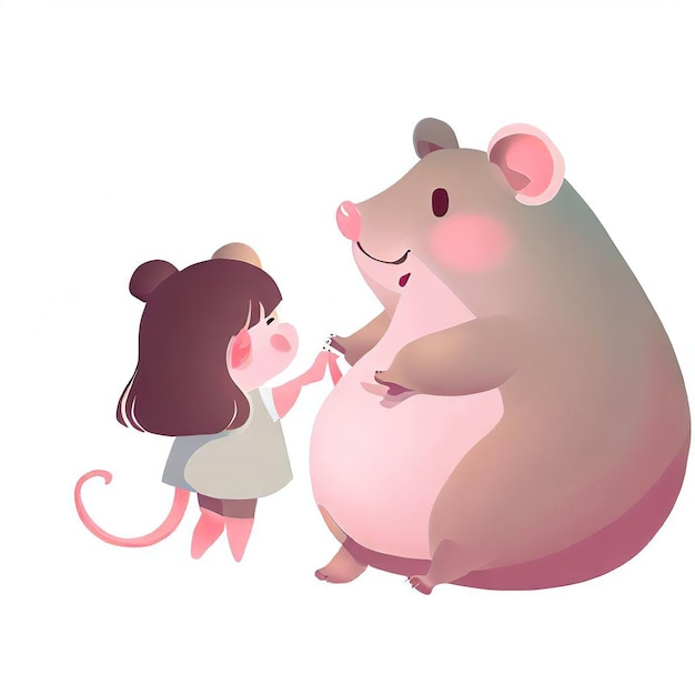 cute cartoon animal and a little girl hold hands in profile