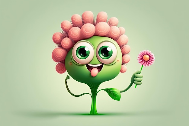 Cute Cartoon Animal with a Happy Face and Pink Lady Finger Flower A Fun Illustration of Happiness