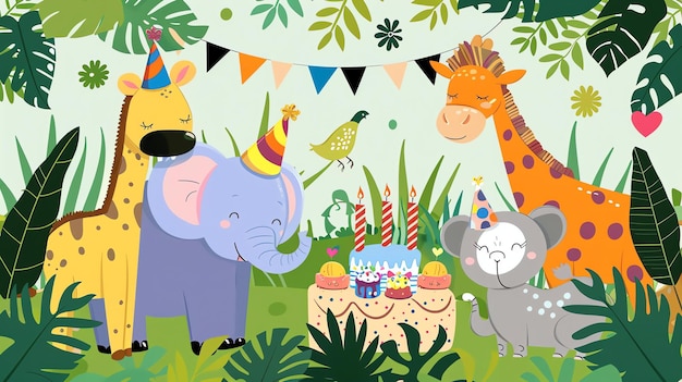 cute cartoon animals in the jungle including an elephant giraffe mouse and bird are celebrating a birthday party