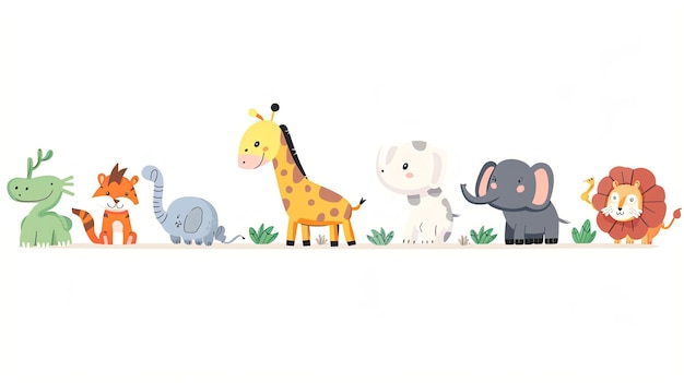 Cute cartoon animals in a line