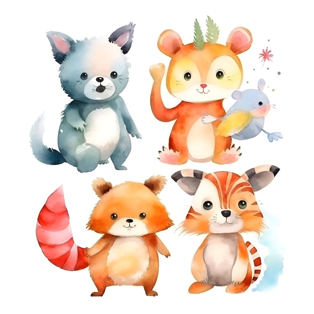 Cute cartoon animals set Watercolor illustration isolated on white background