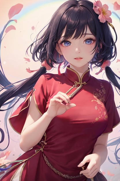 Cute cartoon anime Chinese style cheongsam costume beautiful girl wallpaper background illustration