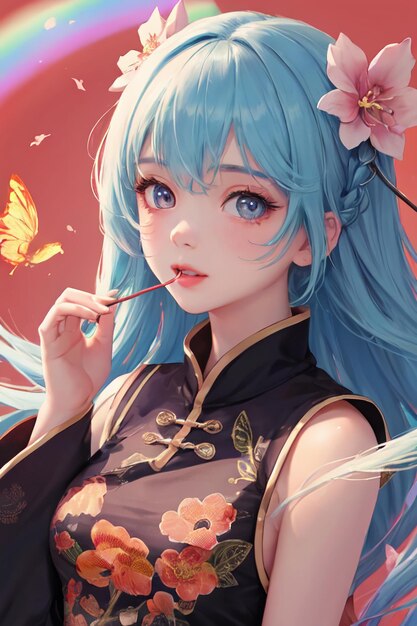 Cute cartoon anime chinese style cheongsam costume beautiful girl wallpaper background illustration