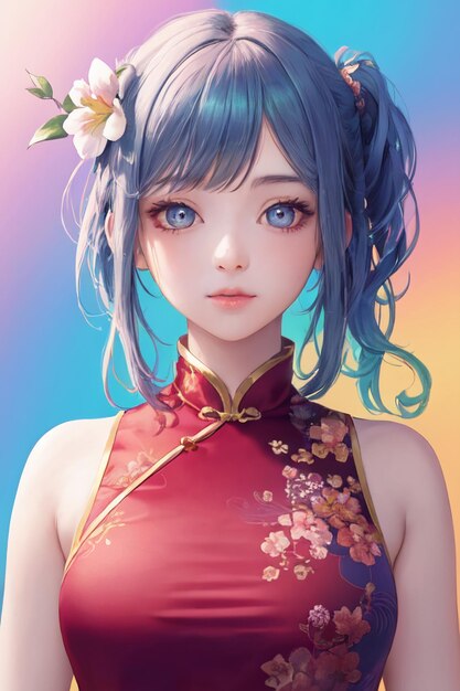 Cute cartoon anime chinese style cheongsam costume beautiful girl wallpaper background illustration