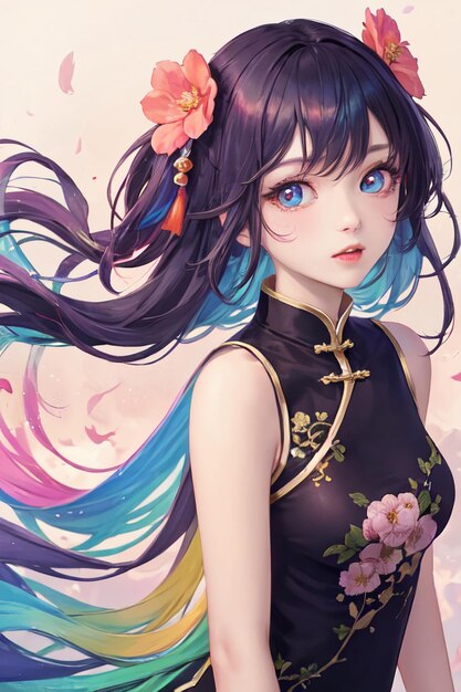 Cute cartoon anime chinese style cheongsam costume beautiful girl wallpaper background illustration