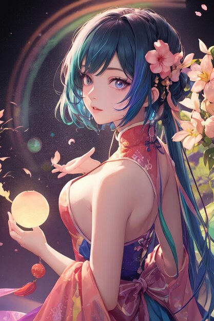 Cute cartoon anime Chinese style cheongsam costume beautiful girl wallpaper background illustration