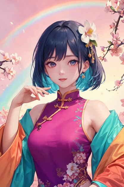 Cute cartoon anime chinese style cheongsam costume beautiful girl wallpaper background illustration