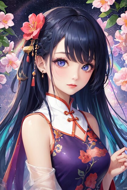 Cute cartoon anime chinese style cheongsam costume beautiful girl wallpaper background illustration