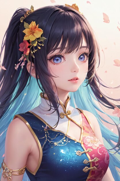 Cute cartoon anime chinese style cheongsam costume beautiful girl wallpaper background illustration