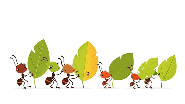 写真 葉を運ぶ可愛いアリの漫画 アリは一列に並んで行進し それぞれ葉を運んでいます