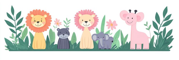 Photo cute cartoon art of animals in jungle with white background