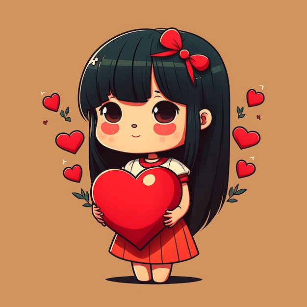 Cute Cartoon Asian Girl Holding a Red Heart