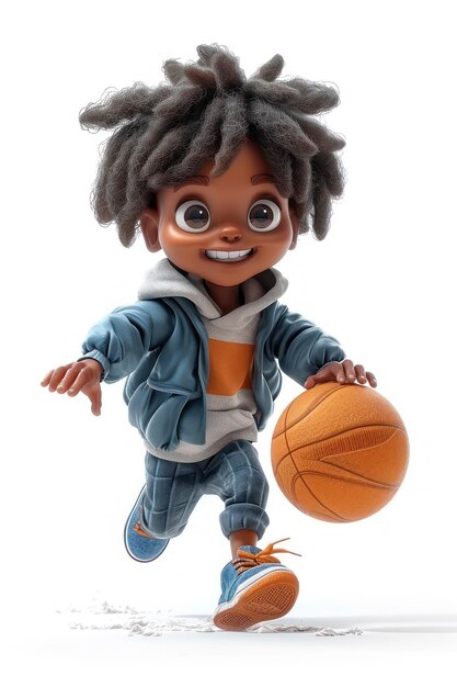 Photo cute cartoon athlete boy plays basketball extreme closeup generative ai