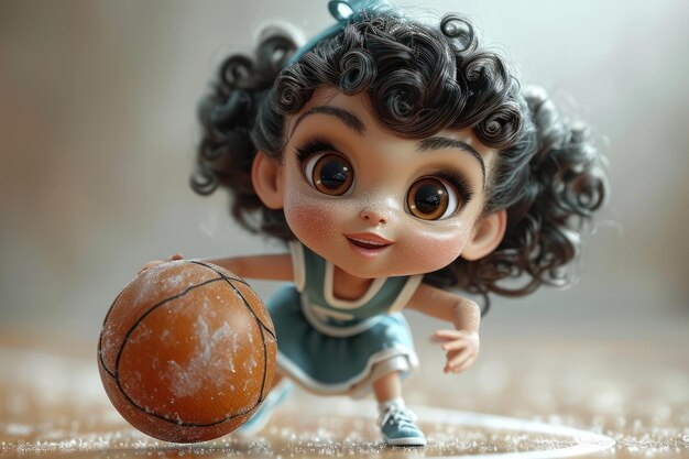 Cute Cartoon Athlete Girl Plays Basketball extreme closeup Generative AI