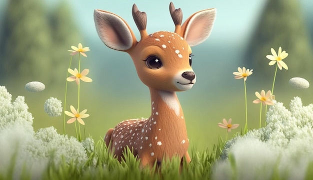 봄 초원의 귀여운 만화 아기 사슴 Generative AI