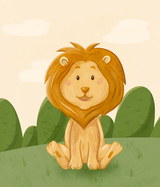 Cute cartoon baby lion sitting in a meadow Hand drawn illustration of african animal