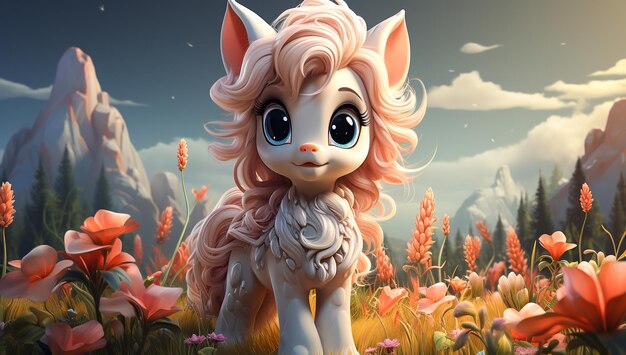 Photo cute cartoon of a baby pink unicorn for illustrations for children ai generated