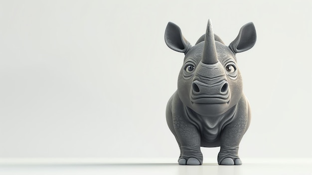 Photo a cute cartoon baby rhinoceros stands on a white background the rhino is grey and has a single horn on its nose