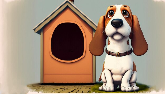 Cute Cartoon Basset Hound Sitting in Front of a Dog House generative Ai