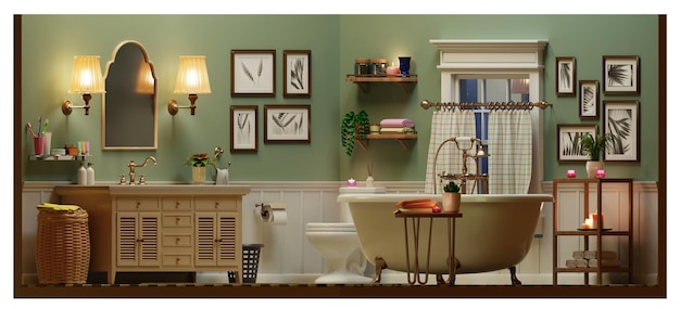 Cute cartoon bathroom interior ortographic 3D render