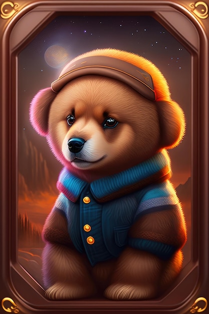 Cute cartoon bear in a hat and scarf on the background of the night sky