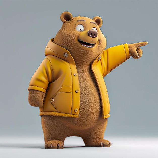 милый мультфильмный медведь, указывающий на что-то в правой передней стороне. красочные костюмы, подробные выражения персонажей в стиле 3D мультфильмов, в стиле Диснея.