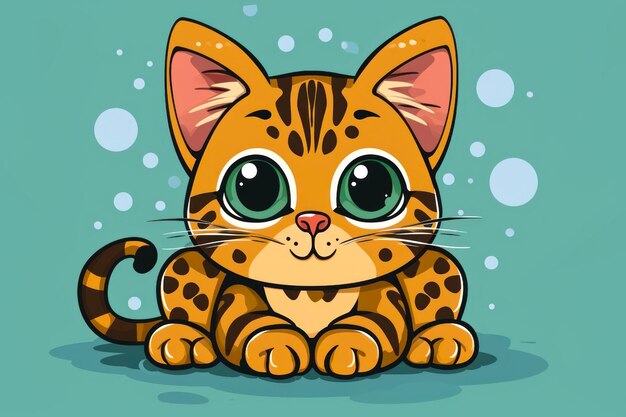 Photo cute cartoon bengal cat with big eyes cartoon style illustration of a cat