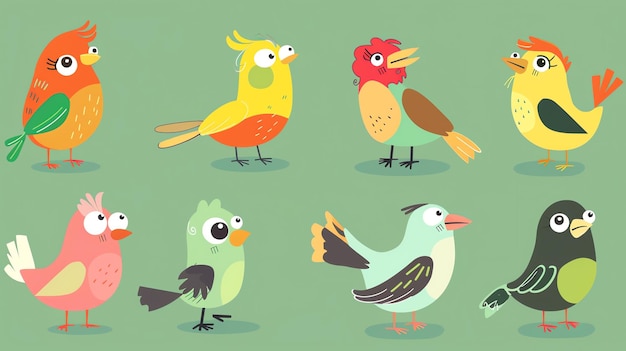 Photo cute cartoon birds with various colors and patterns