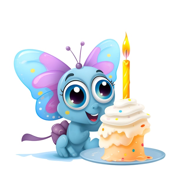 Cute cartoon blue butterfly with cake and candle Vector illustration